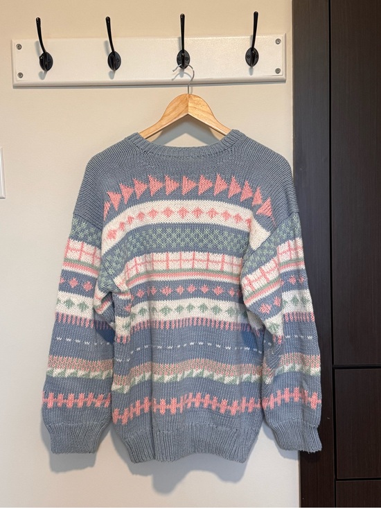 Other - Cozy Hand Knit Vintage Sweater - Blue with Pink & Cream Pattern